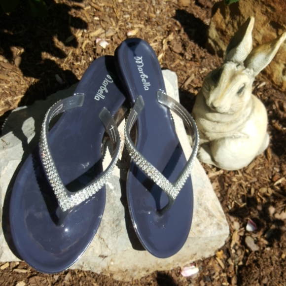 MARBELLA ♡ Gorgeous Navy Embellished Bling of Rhinestone Jelly Thong Sandals 6 - Picture 15 of 16